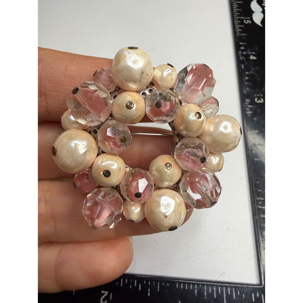 Vintage Pink Glass Bead and Faux Pearl Wreath Brooch Silver Tone Pin 1.5 Inch